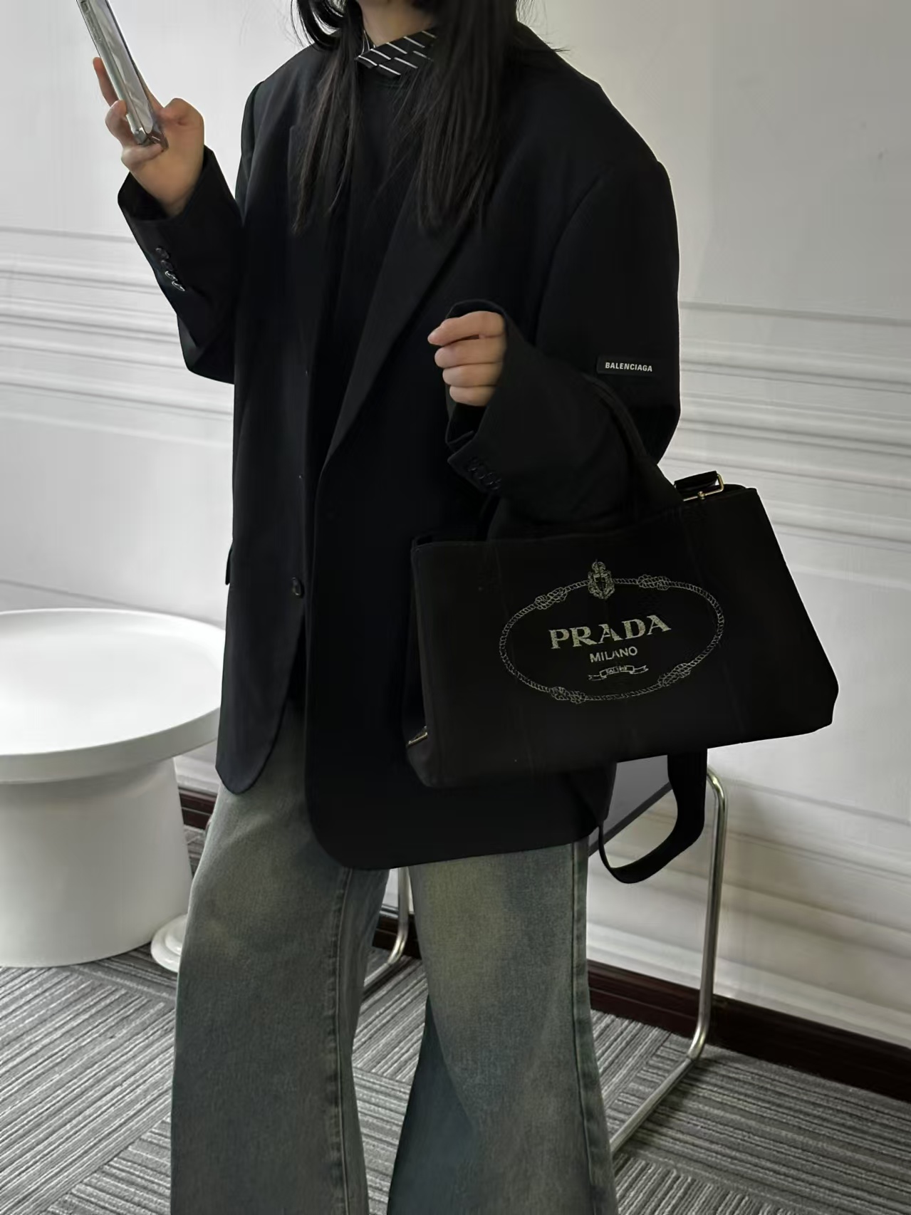 95新 Prada/普拉达 CS5996/Prada 黑色牛仔沙滩包