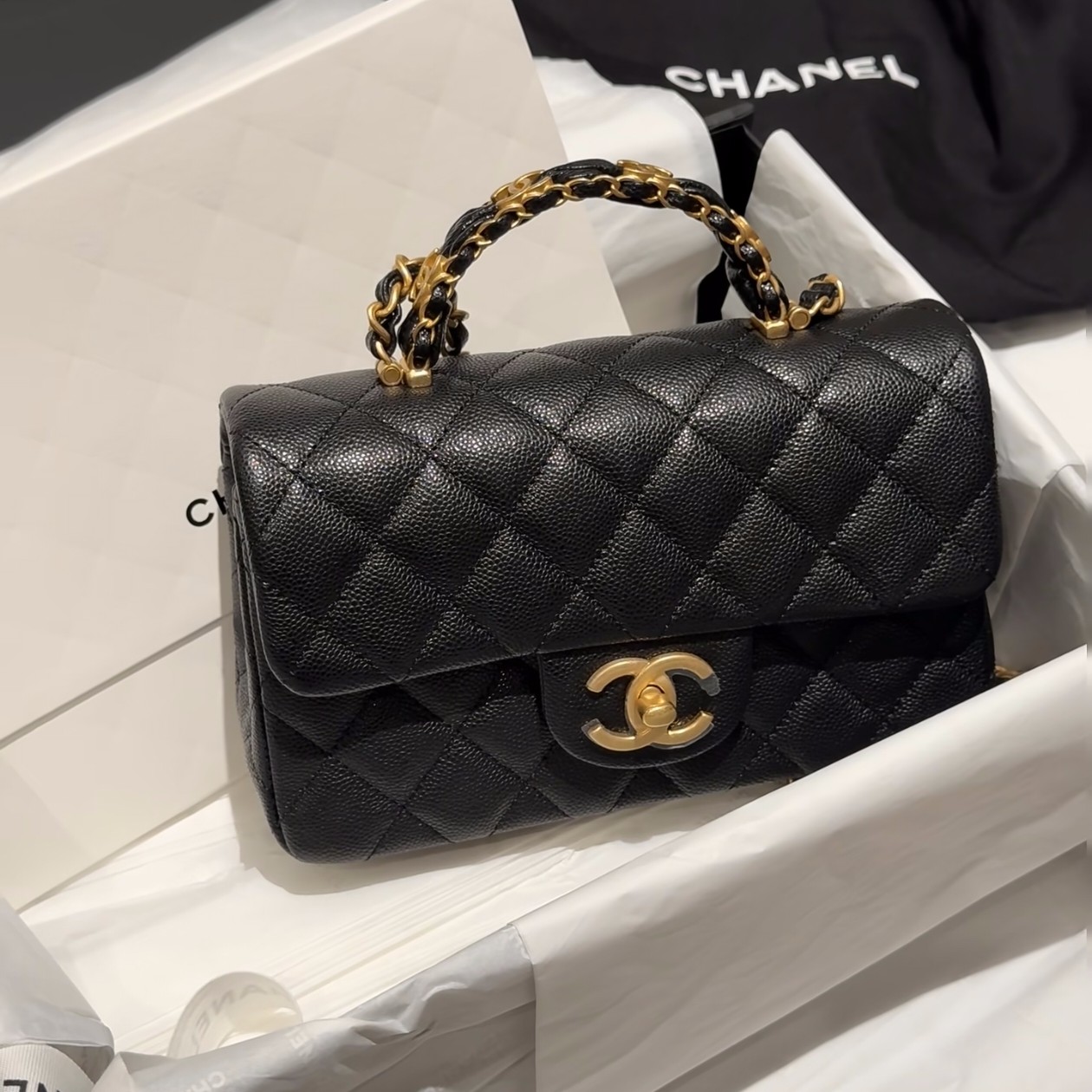 99新 Chanel/香奈儿 Chanel 黑金荔枝25b手柄cf 25120143-01
