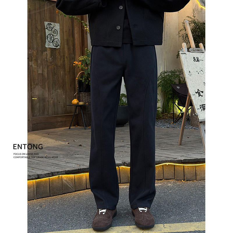 Entong冬季美式针织加绒加厚卫裤男生百搭潮牌直筒宽松休闲运动裤