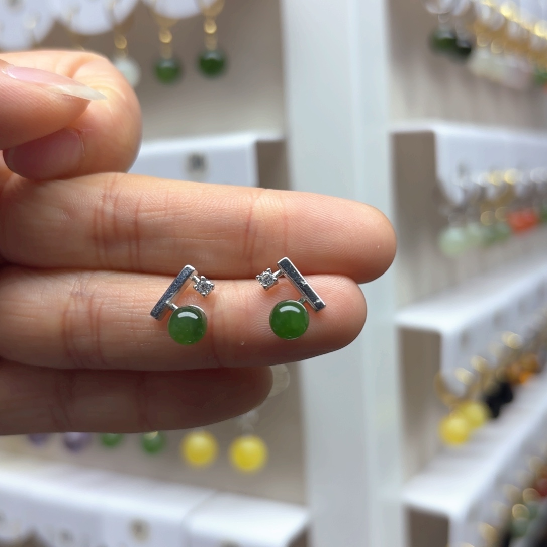 和田玉耳饰银S925镶嵌