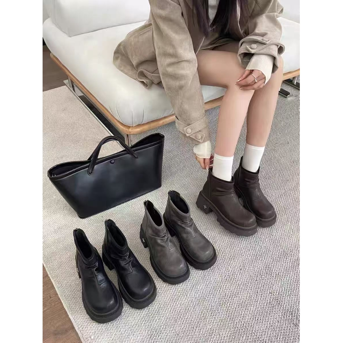 厚底时装靴女新款复古显瘦套筒马丁靴短靴728-202（加绒）