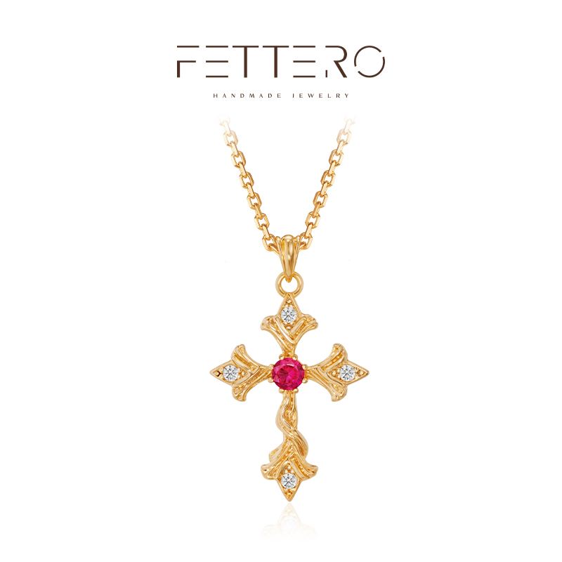 fettero 铜合金项链 【金色鸢尾红色十字架项链】轻奢镶嵌