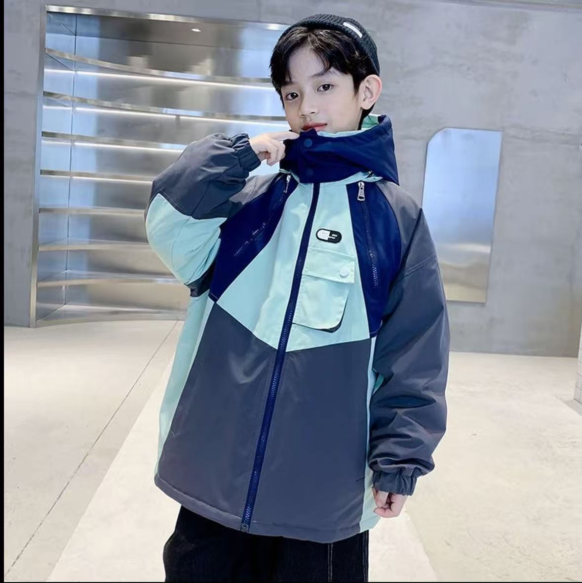 201055 童装男童棉衣外套2025冬潮酷撞色棉衣防风冲锋衣连帽棉服