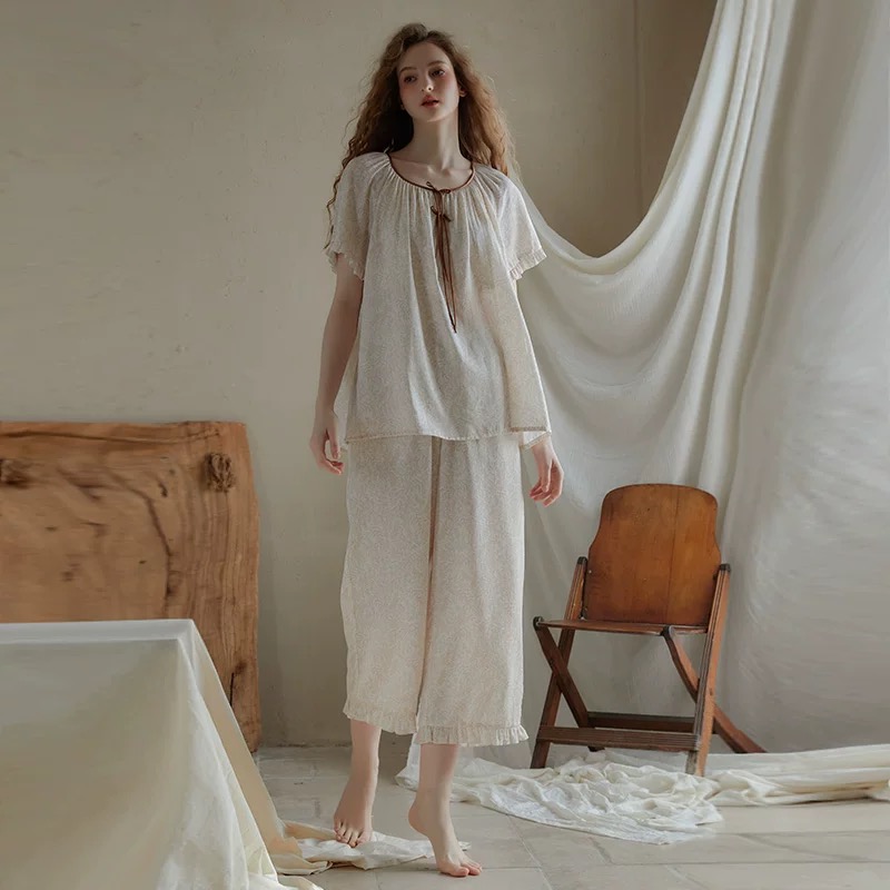 2025印花睡衣女短袖长裤套装复古甜美夏季家居服可外穿夏天两件套