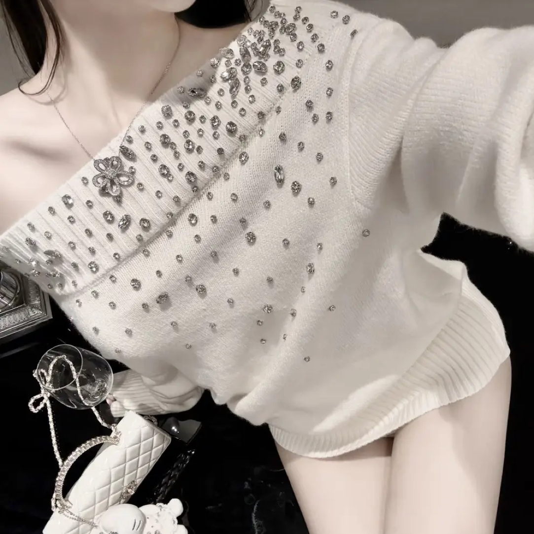直播间专属扣号链接白色一字肩烫钻针织衫女显瘦纯欲名媛风毛衣