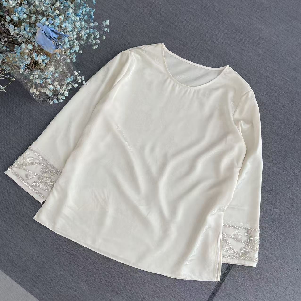 新中式薄款提花重工串珠圆领纯色长袖上衣女士蕾丝气质