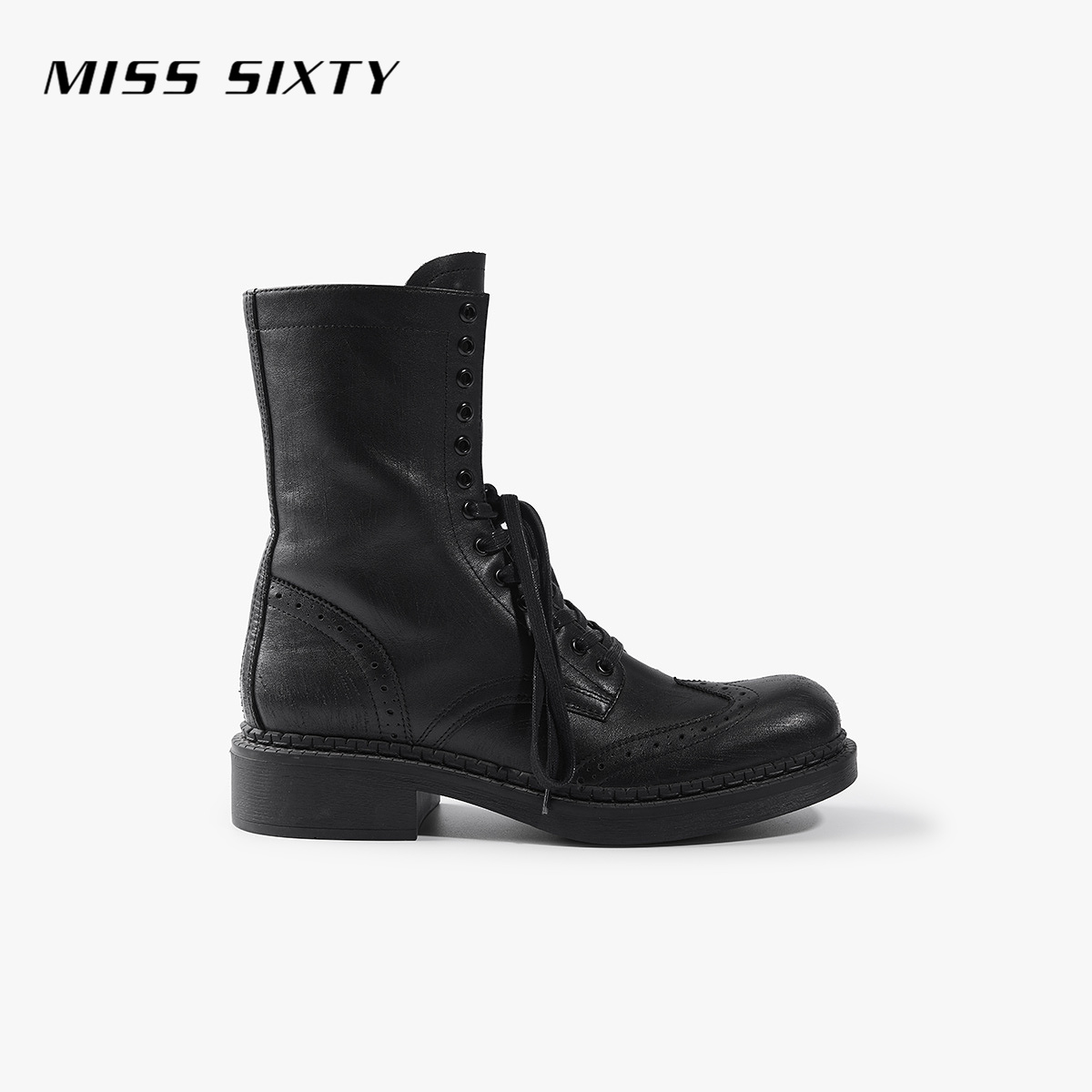 Miss Sixty2025秋季新款马丁靴女牛皮革复古花边英伦风绑带皮靴