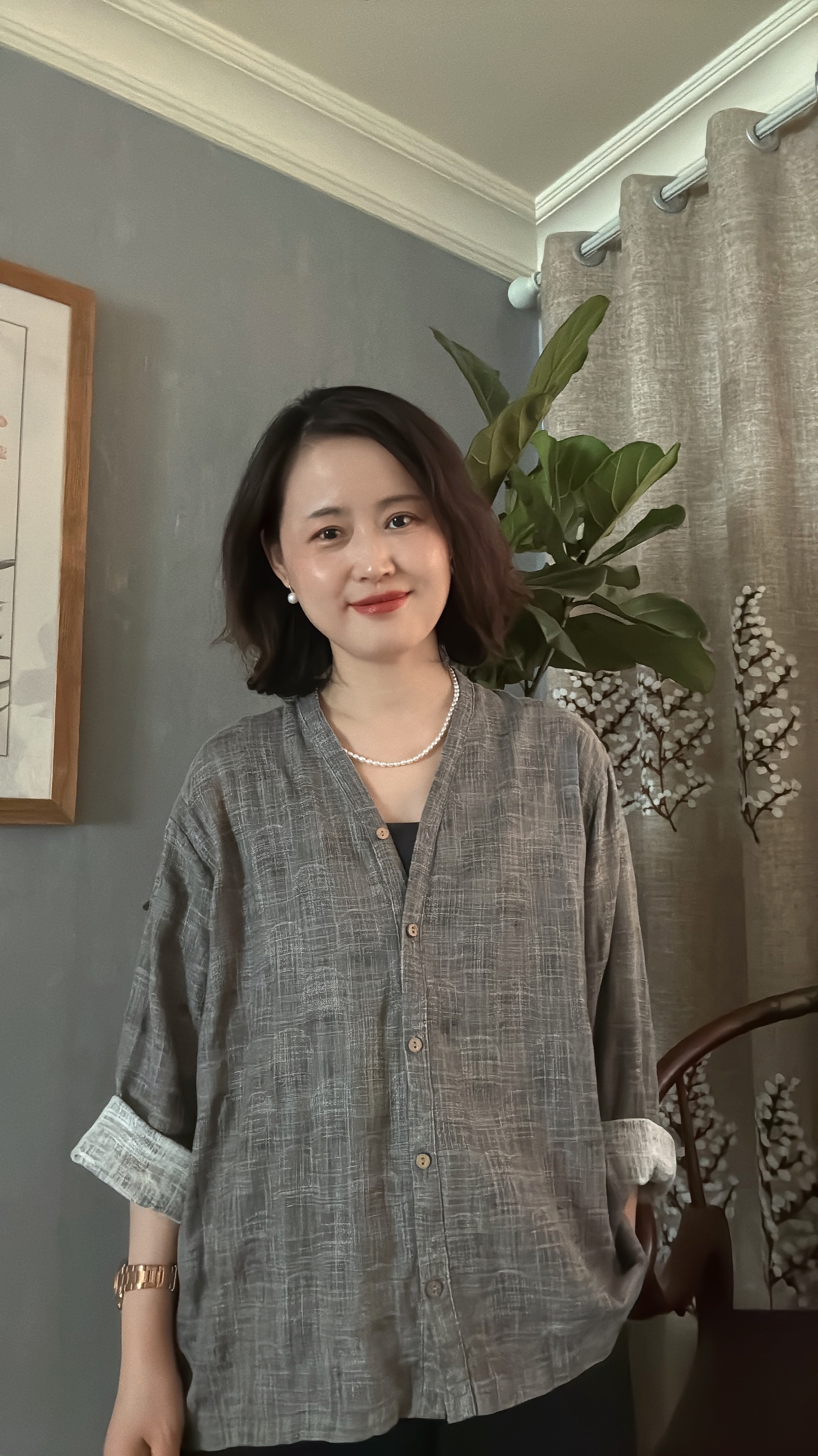 彩薇粗衣麻布开衫很宽松100亚麻外套