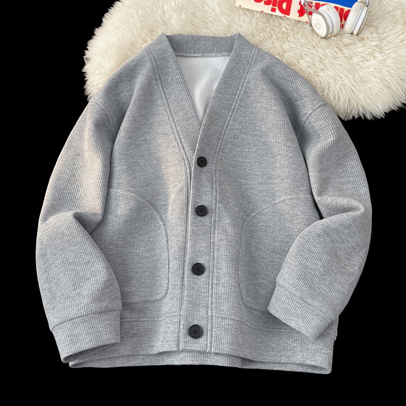 灰色V领开衫长袖卫衣男春秋季高级感潮牌美式慵懒风休闲针织外套