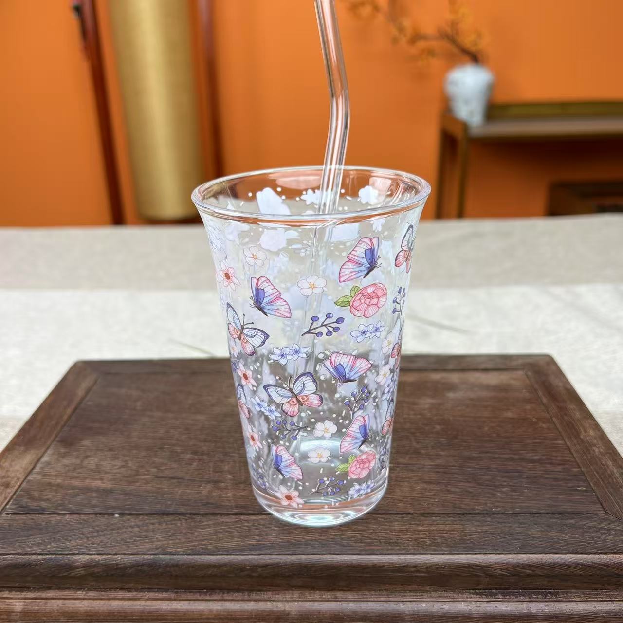 蝶恋花玻璃杯带吸管G2129壹1