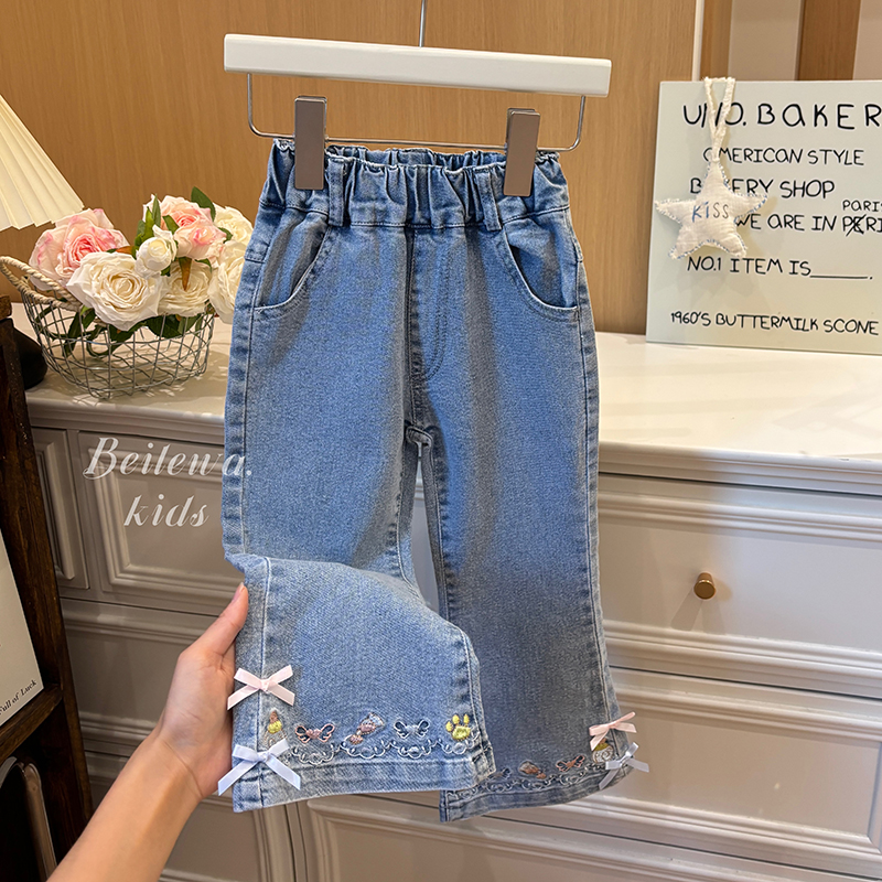 新款女童秋款百搭卡通刺绣蝴蝶结牛仔裤女宝宝韩版休闲时尚潮秋季