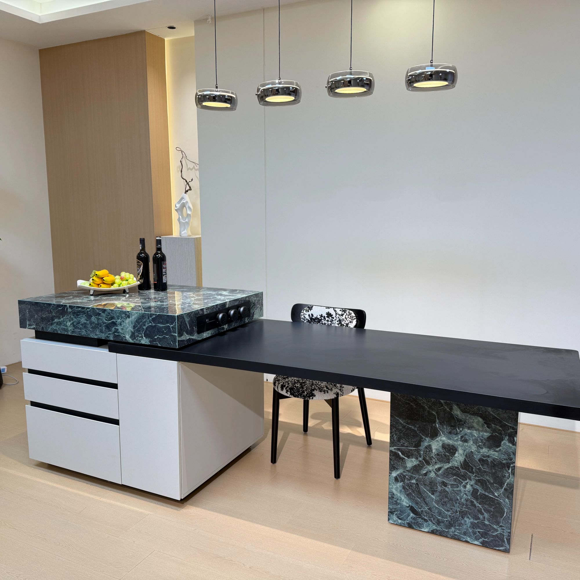 轻奢岛台岩板办公室岛台一体家用可伸缩多功能长方形岩板饭桌