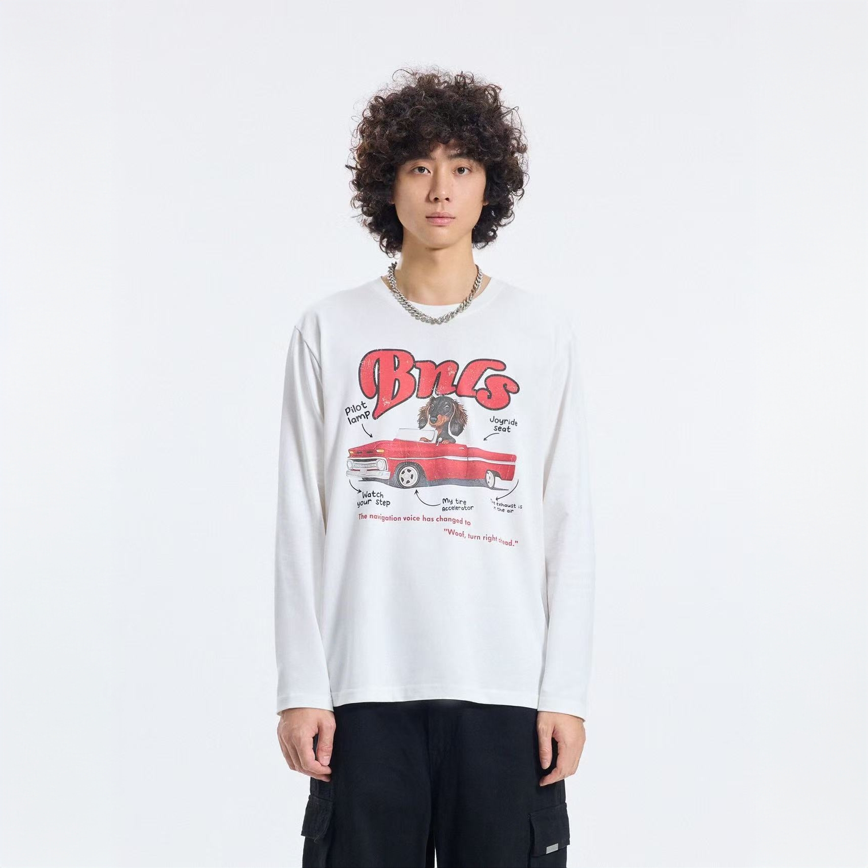 BONELESS复古敞篷小狗印花长袖T恤秋宽松纯棉潮牌情侣上衣打底衫