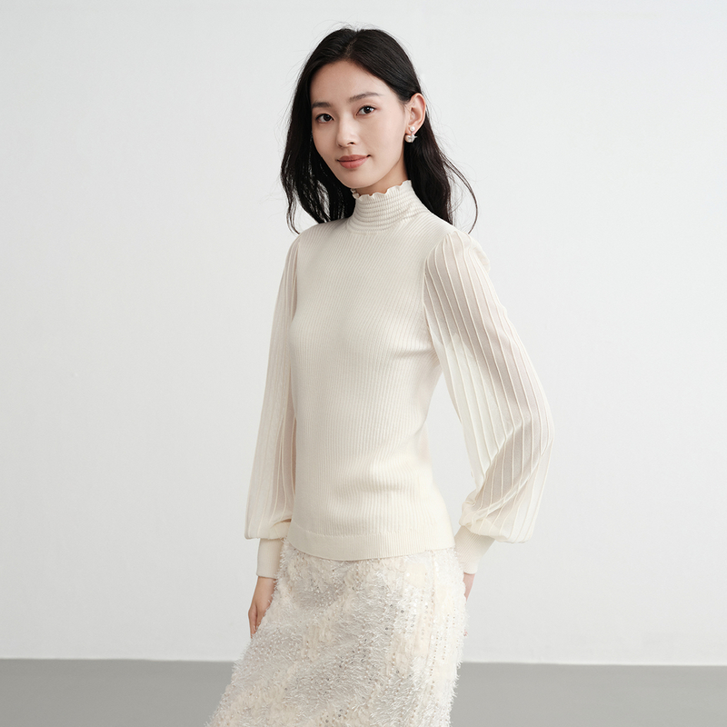 EP雅莹2025早秋新款女装 绵羊毛高领木耳边修身毛衣针织衫9936A