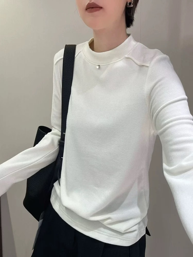 欧货设计感明线圆领长袖T恤女2025冬弹力高端绒打底衫上衣