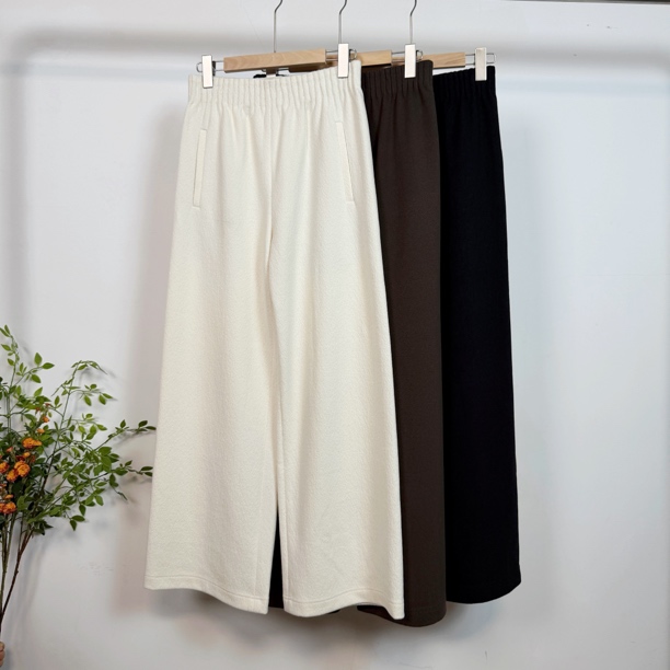 王牌裤 蚕丝羊毛混纺加厚直筒羊毛休闲裤显瘦随性松紧腰阔腿裤女