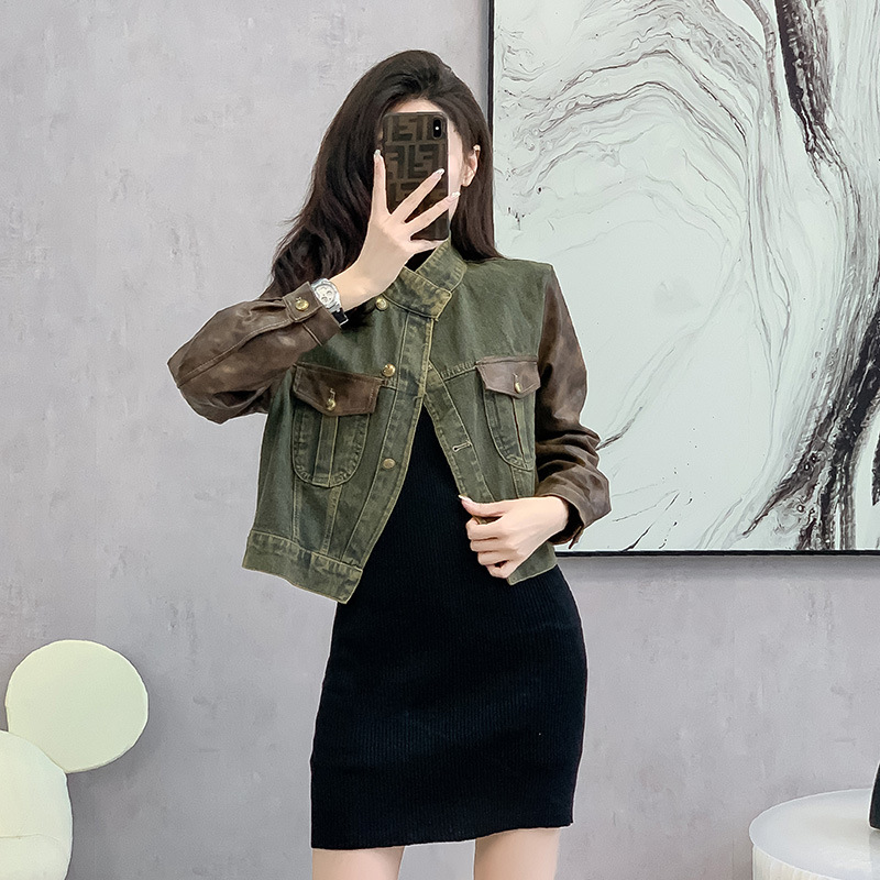 衬衫袖复古皮衣拼接牛仔外套女秋季2023新款立领短款机车夹克上衣