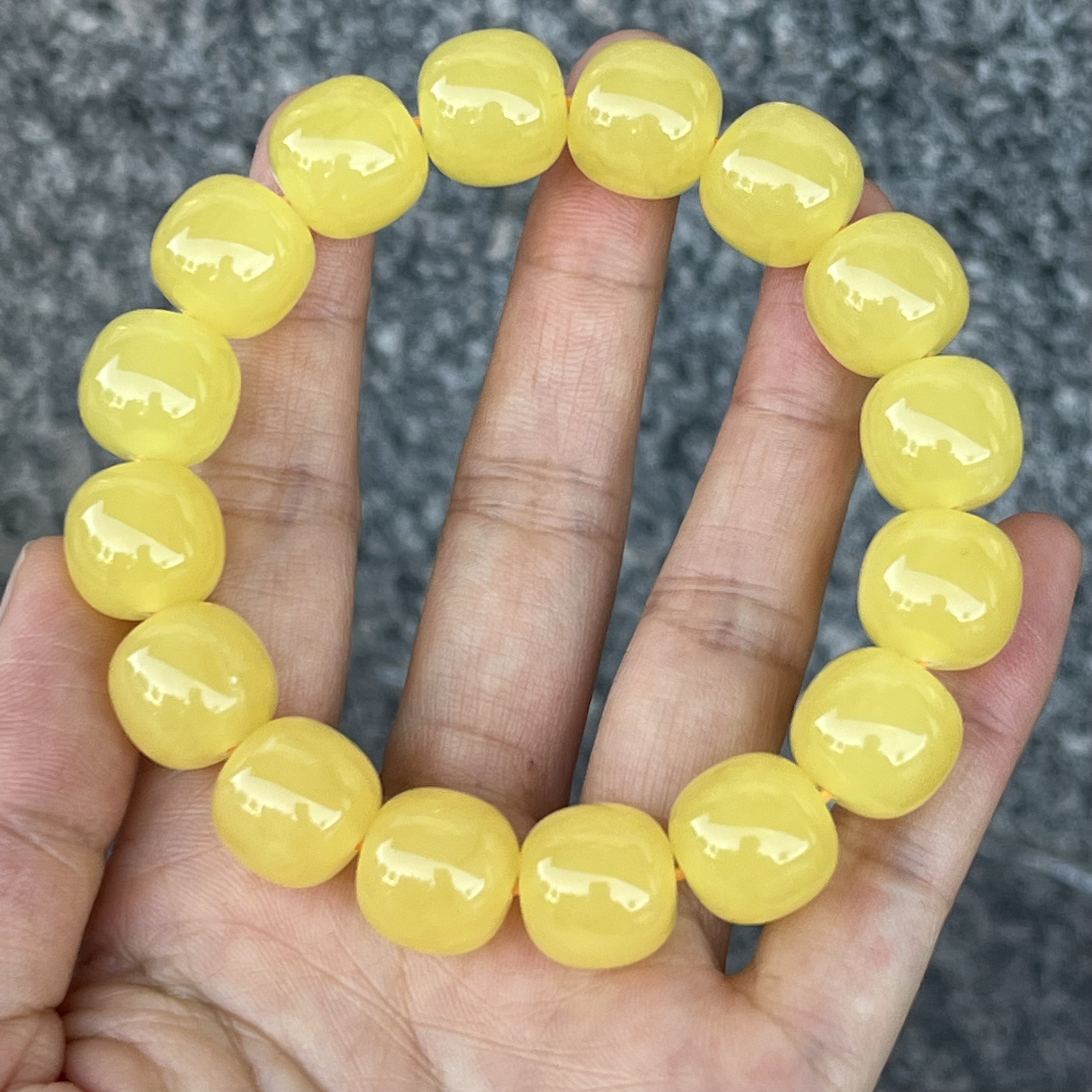 天然蜜蜡焦皮同料老形手串 规格14x13 橘黄满蜡