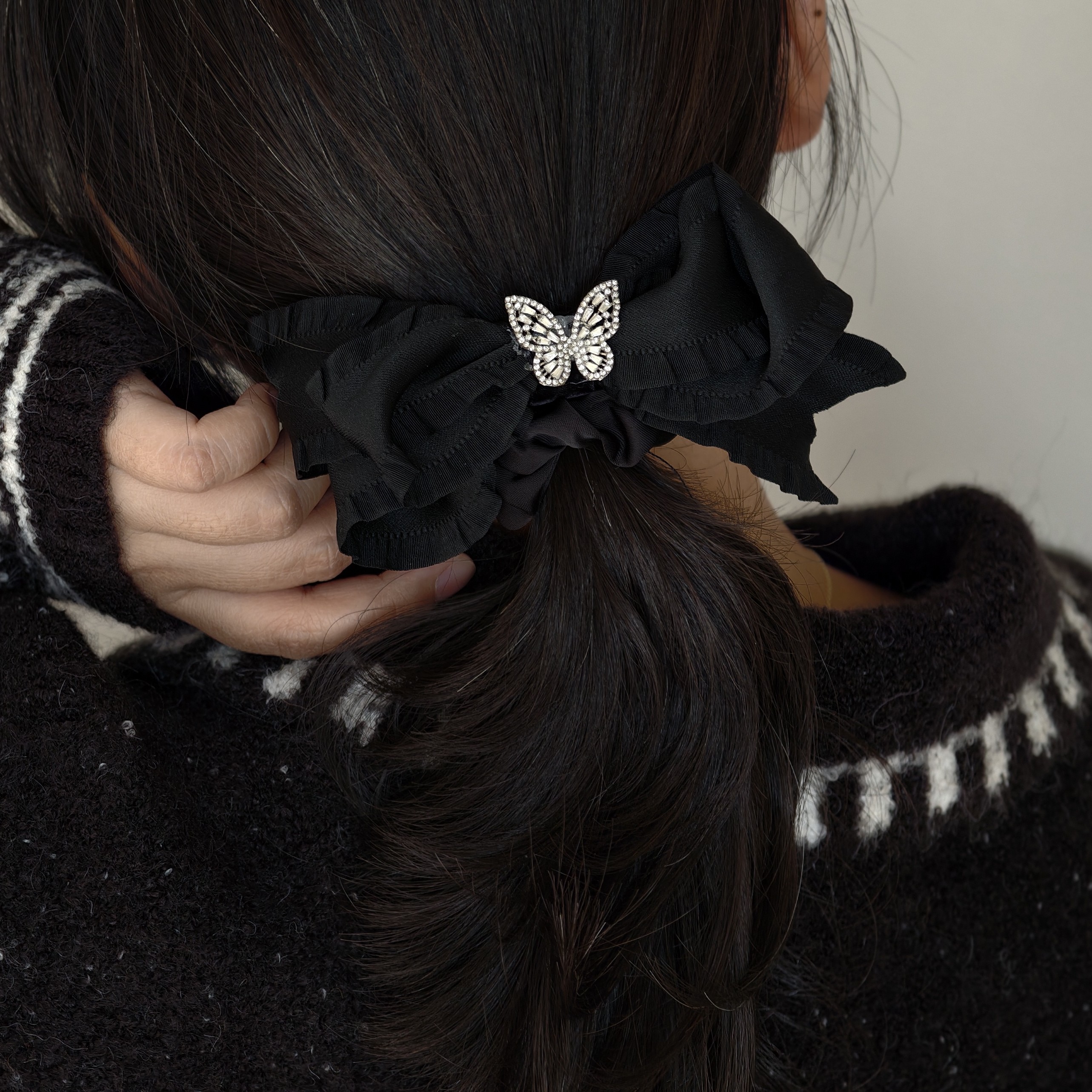 1464黑色不规则蝴蝶结肠圈发圈（手工微瑕介意勿拍）