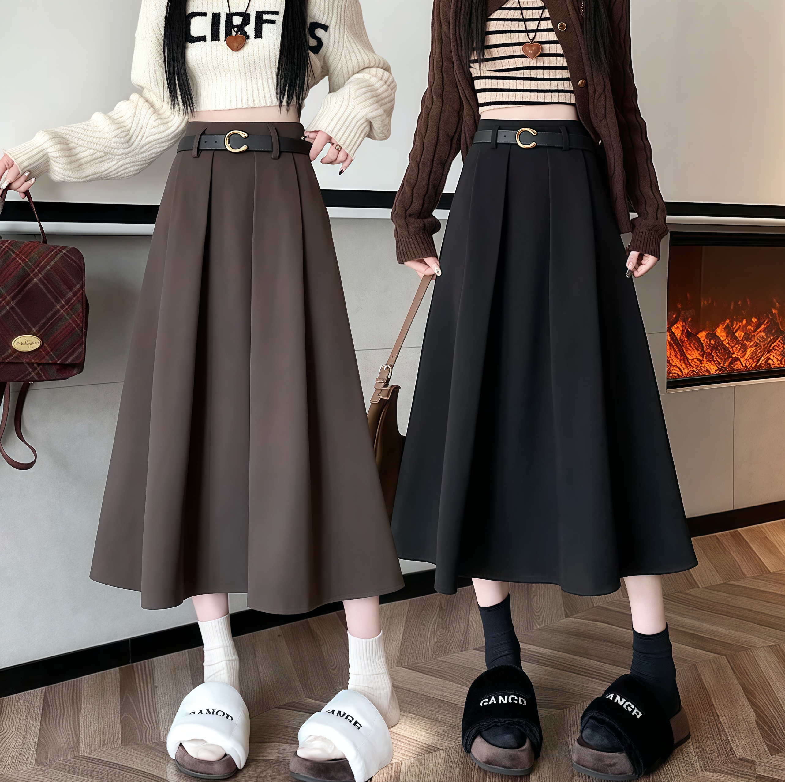 6018配腰带加绒加厚秋冬a字半身裙气质百褶裙高腰中长款毛呢长裙