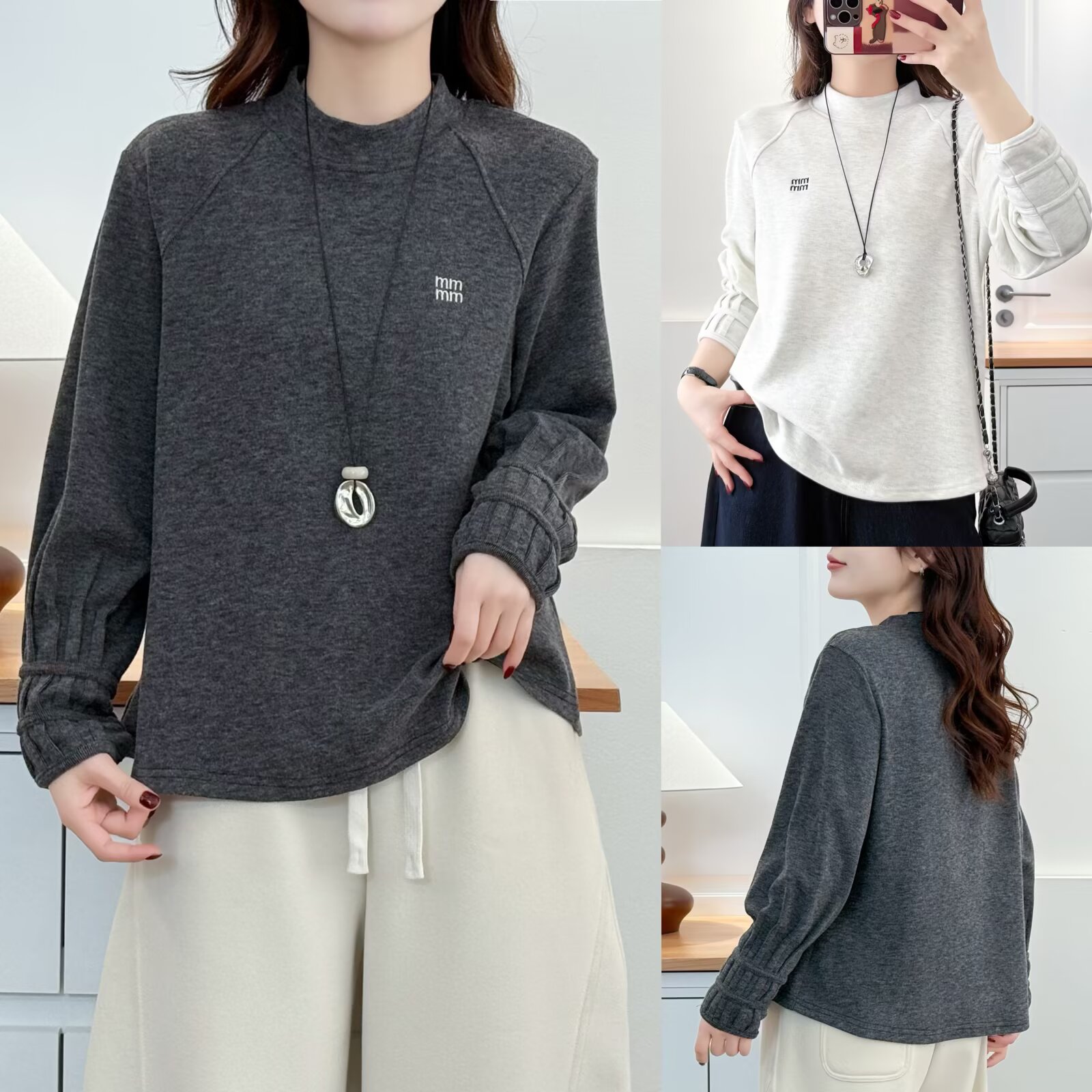 奢怡雅欣宇大码洋气显瘦半高领刺绣加厚慕斯绒休闲打底衫#依8656