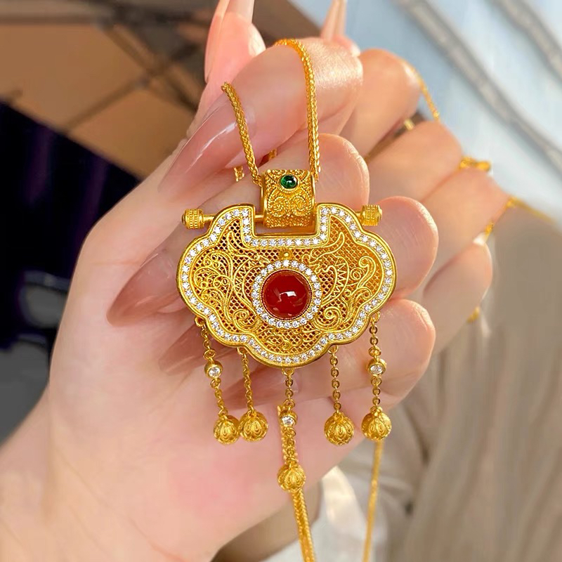 吊坠足银 龙凤流苏红锁吊坠1515