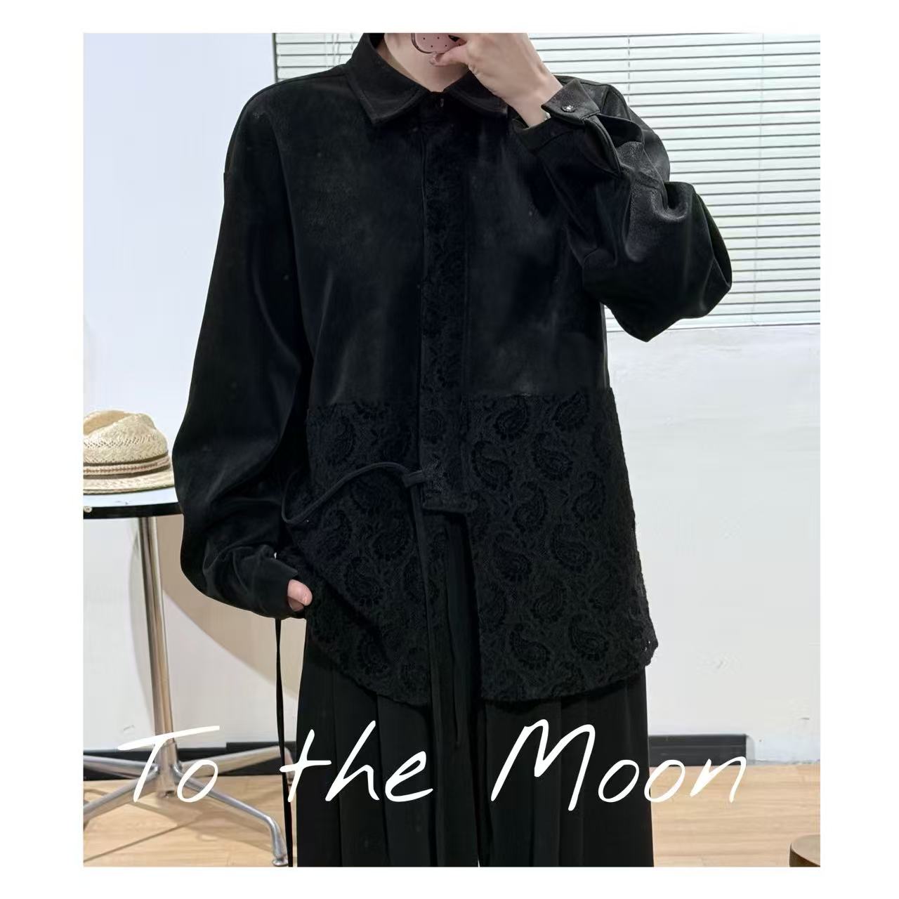 Zoe 原创【未知艺术家】蕾丝拼接黑色皮质衬衫