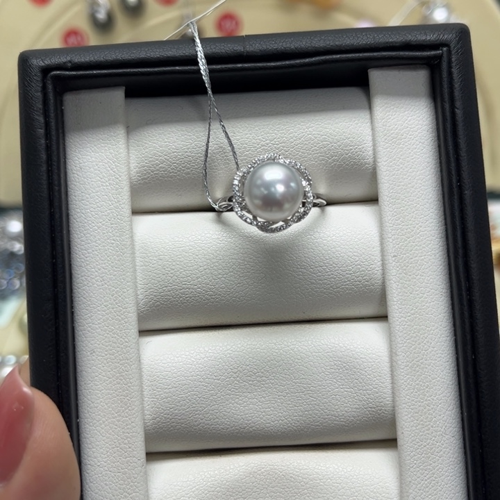 海水珍珠戒指银S925镶嵌澳白9-10mm17号