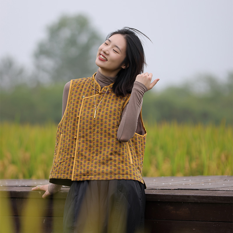 慢慢变蓝原创新中式马甲斜襟香云纱棉马夹秋冬加厚马夹复古双面段