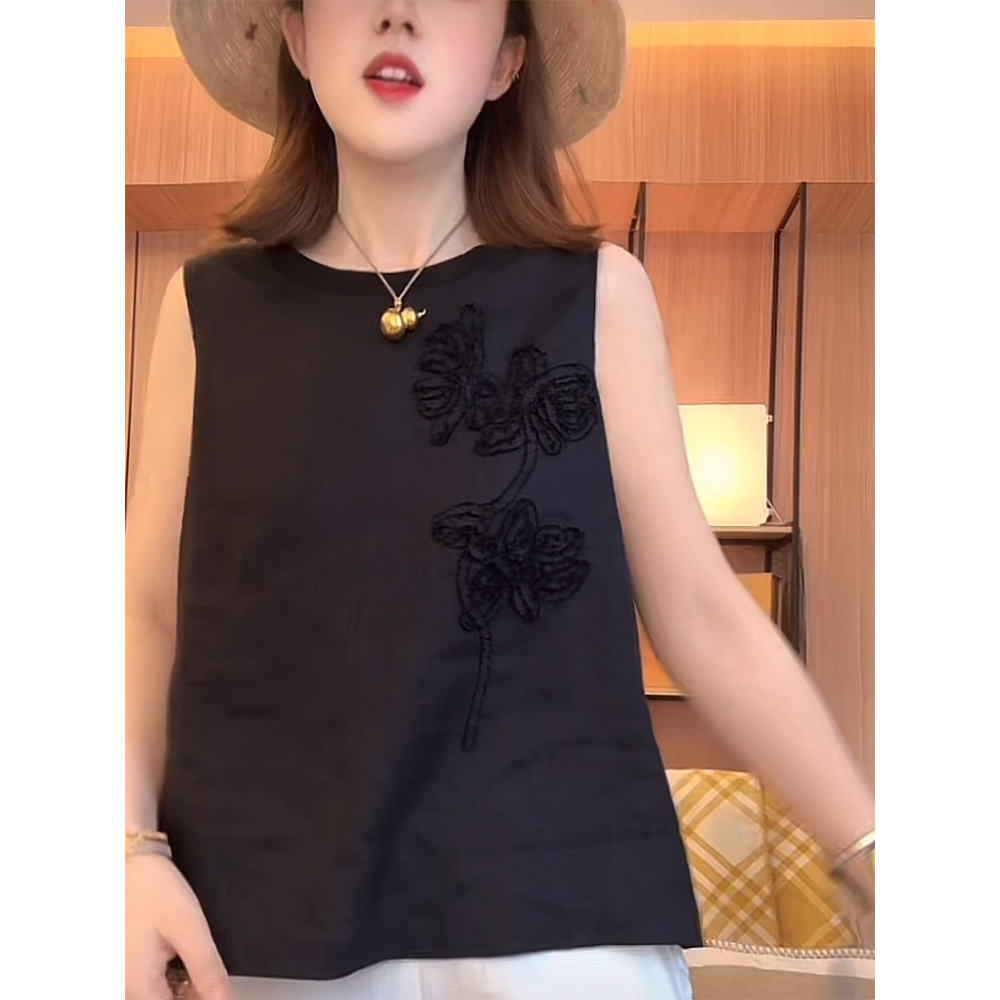 重工刺绣亚麻黑色t恤女2025夏季宽松显瘦遮肉高级感无袖背心上衣