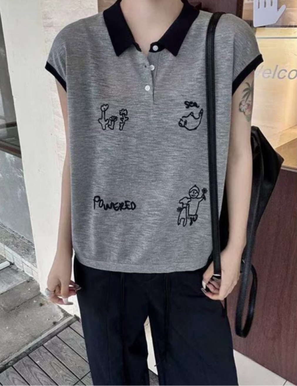 Z.X 撞色拼接刺绣落肩袖针织POLO衫 6122