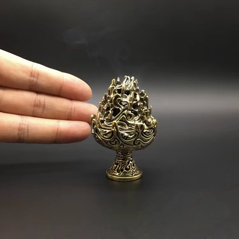 纯铜塔香小香炉 黄铜迷你锥香博山炉铜香炉镂空带盖子熏香炉摆件