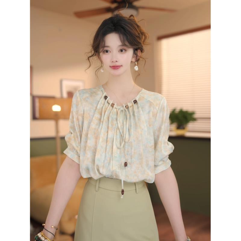 余紫绮【彩虹桥】夏季串珠晕染短袖衬衫女宽松休闲上衣ZS1113373