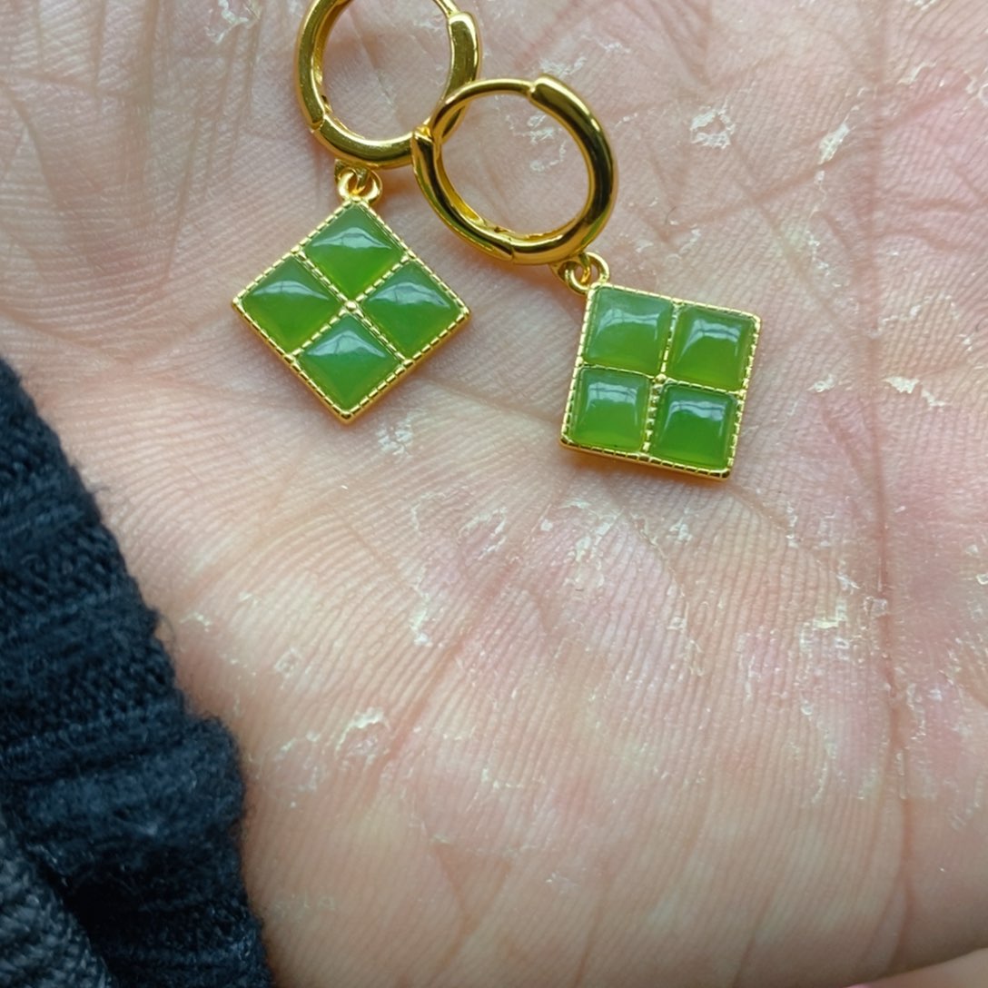和田玉（碧玉）耳饰银S925镀金镶嵌