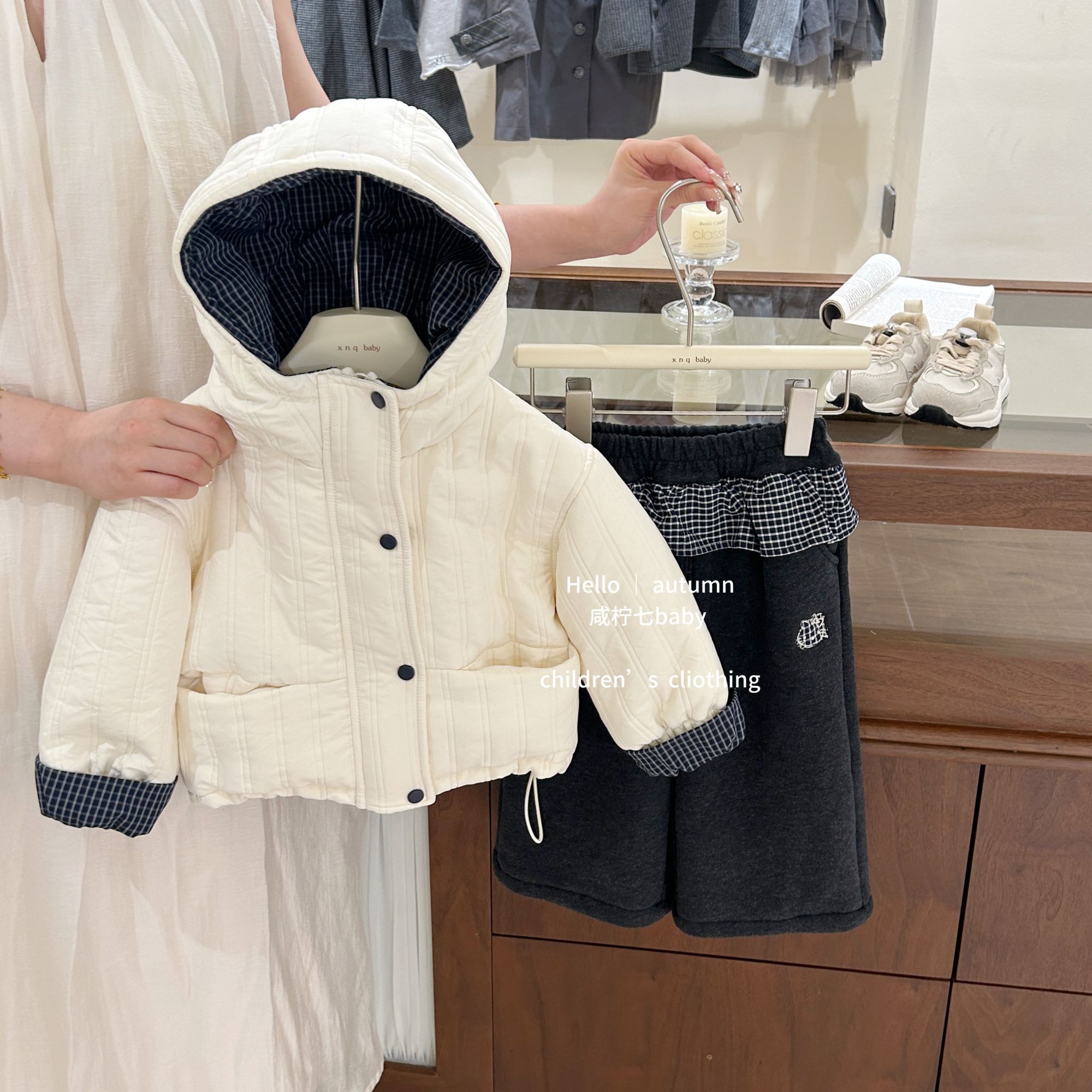 【咸柠七】女童加厚棉服秋冬装儿童连帽上衣韩版女孩加绒格子外套