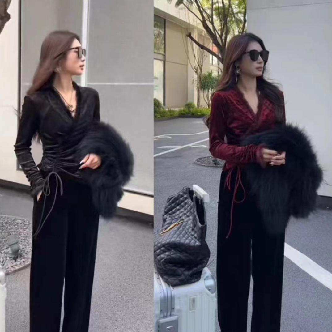 气质不规则v领长袖褶皱显瘦打底衫