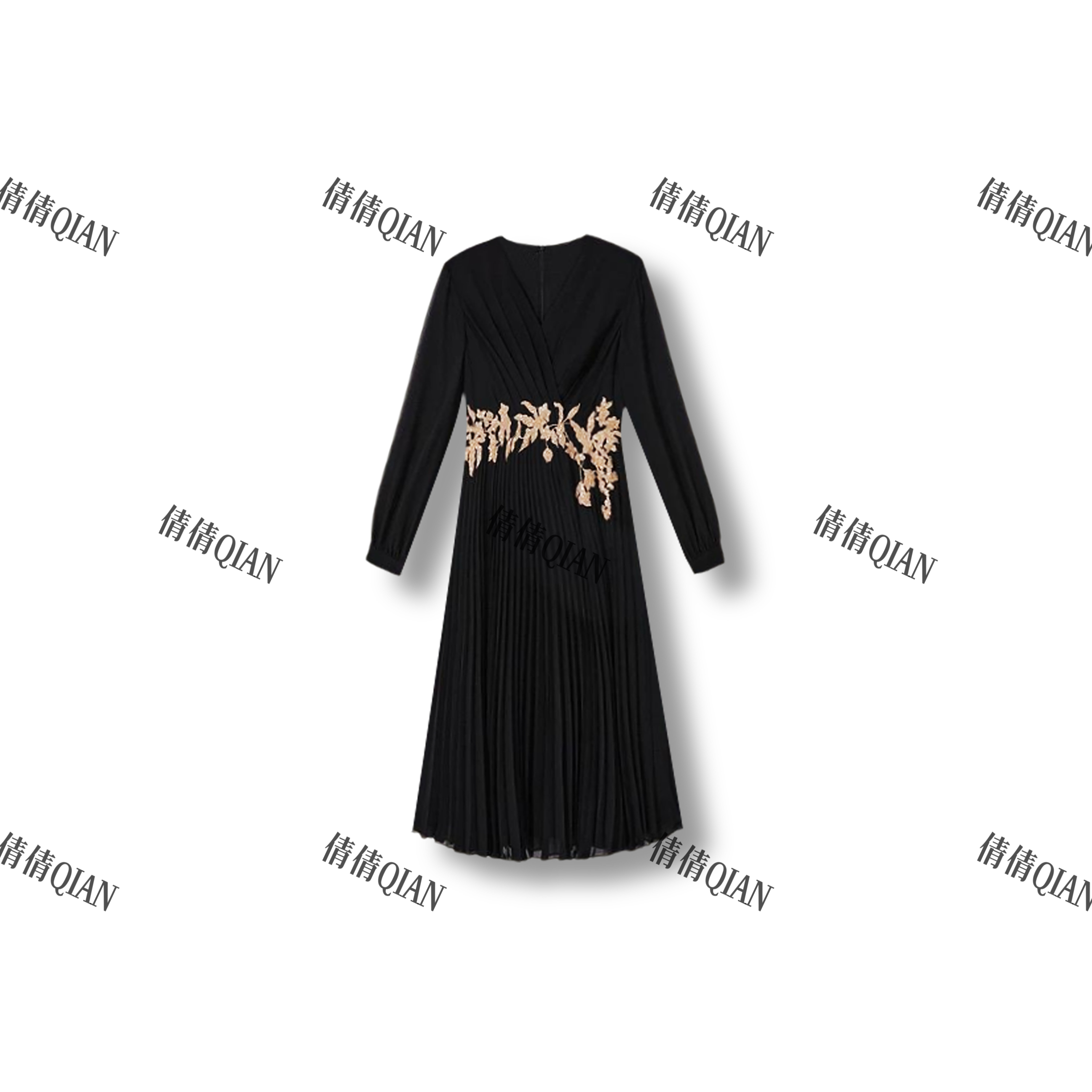 秋季新款重工刺绣百褶气质连衣裙（5C65205460-1214）