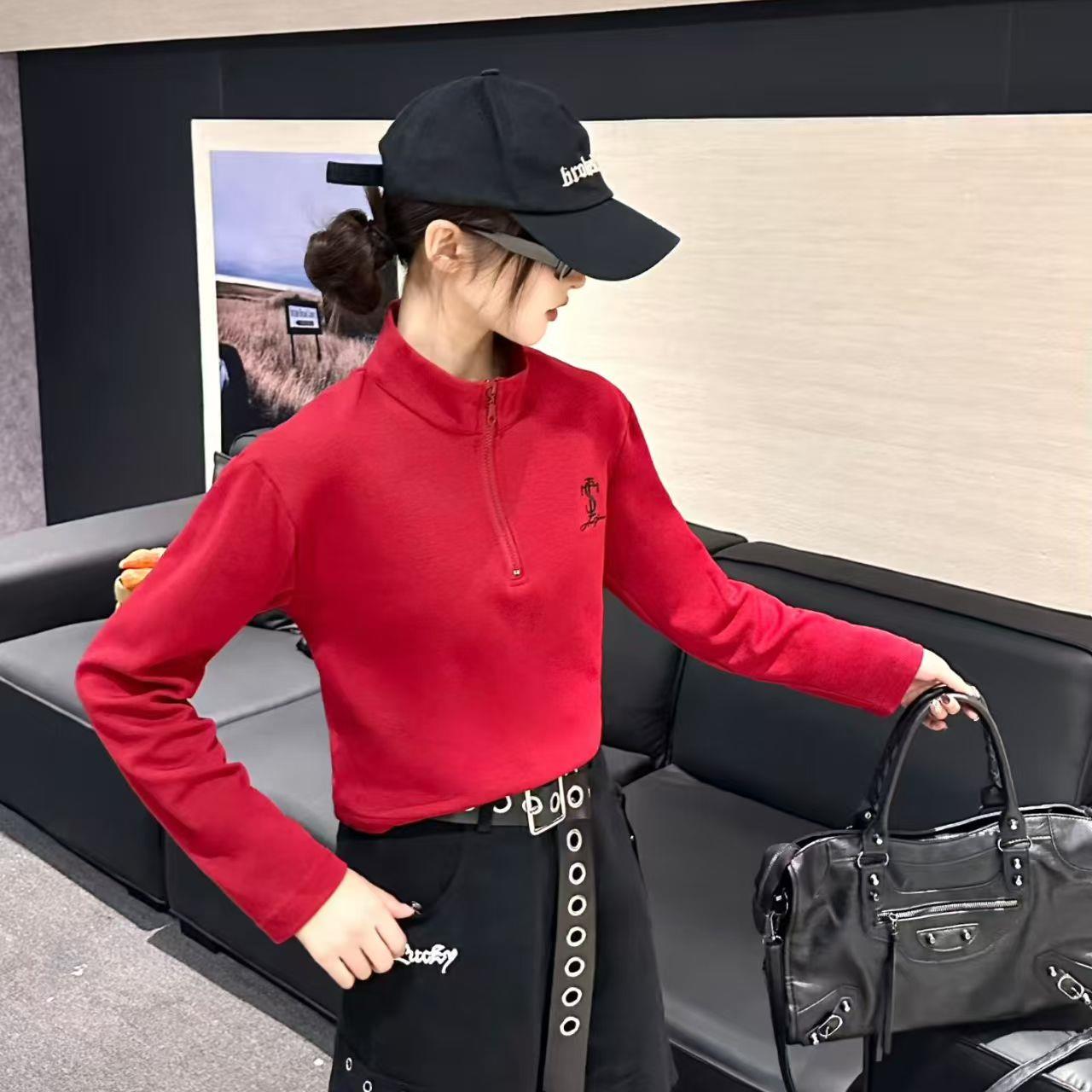 H052款元旦网红厚款卫衣女士长袖百搭拉链抽绳翻领针织立领刺绣