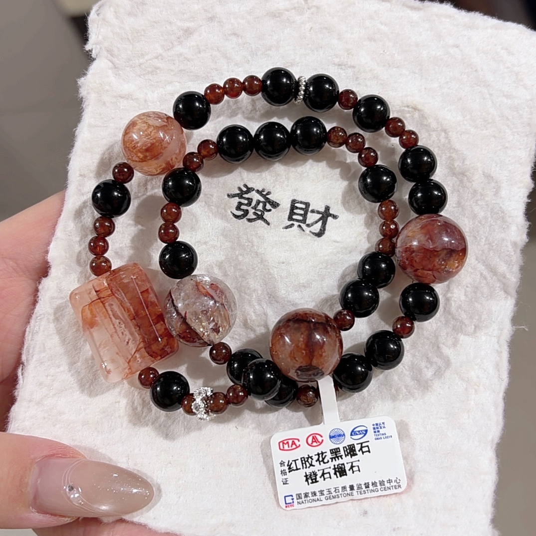 〔莱玺珠宝〕微醺朗姆-天然水晶红胶花搭配银曜石双圈多样性发一