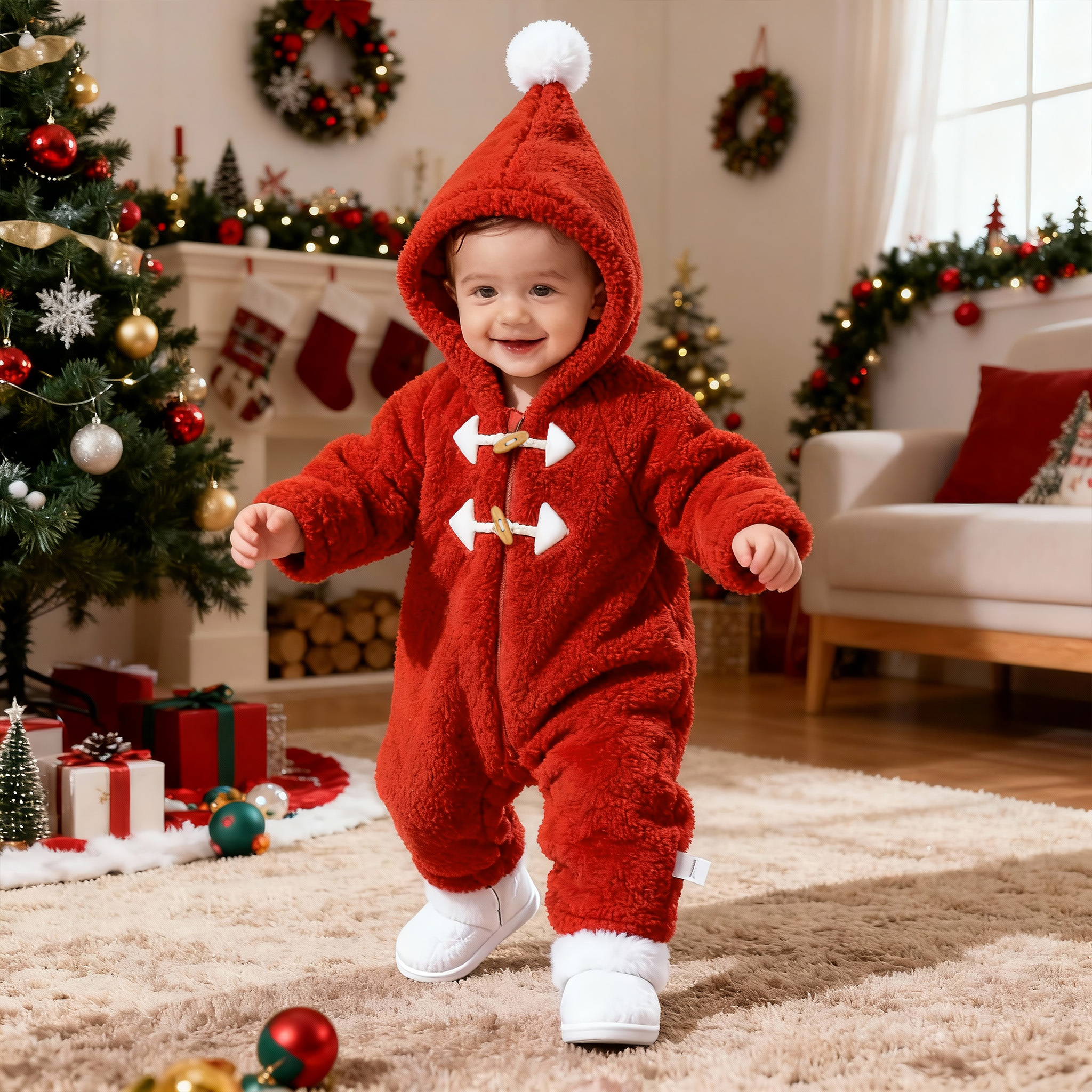 【潘先生高定】红色圣诞抱抱绒200G夹棉加厚婴儿棉服连帽连体衣