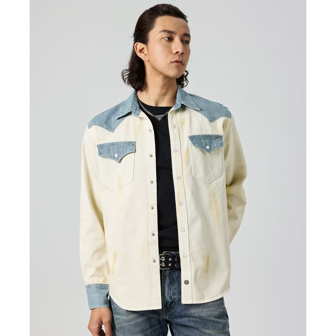 SINGLE SAILOR男士做脏赤耳拼接撞色秋季美式牛仔衬衫休闲长袖