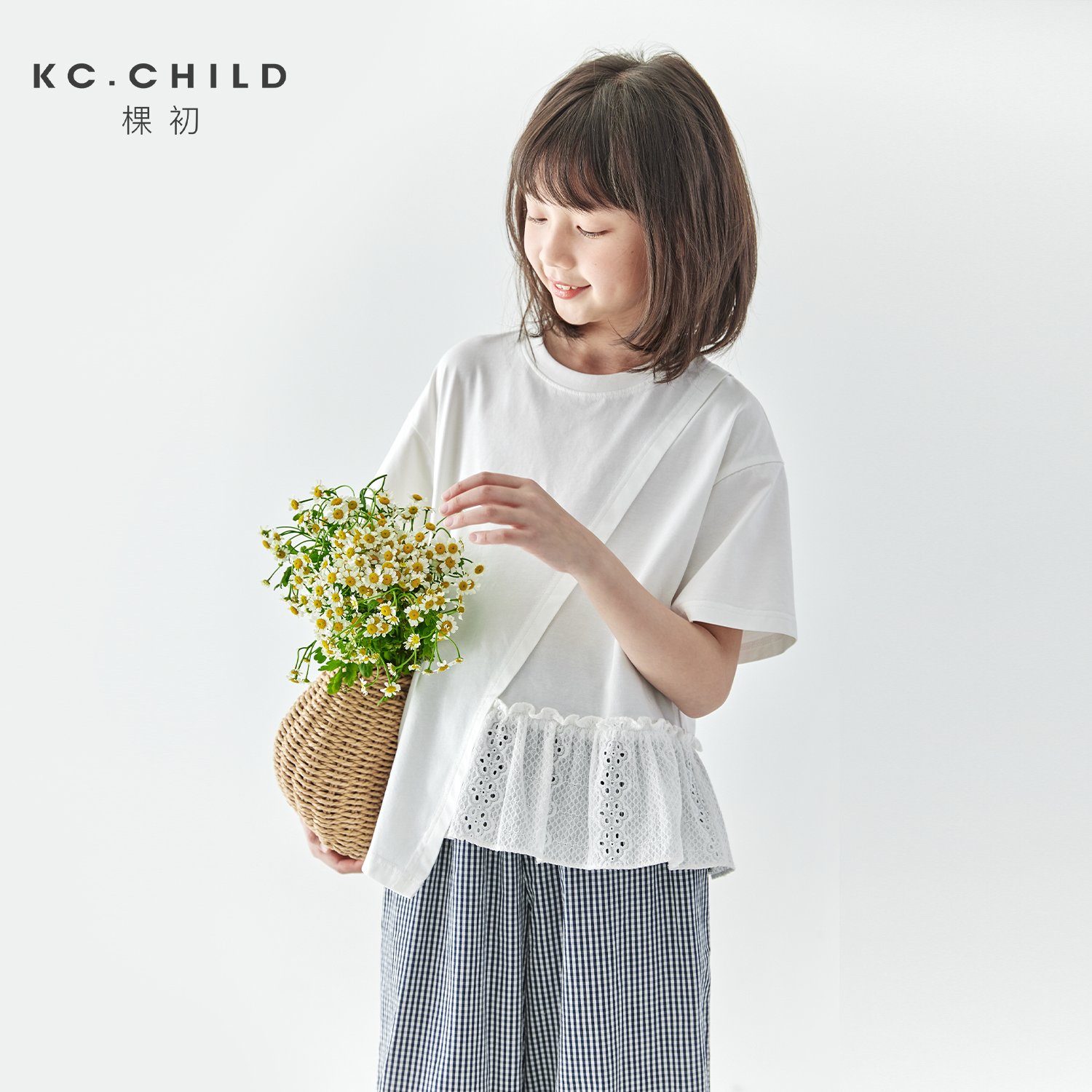 棵初2025夏季新款亲子中大女童荷叶边不规则分割儿童纯棉T恤