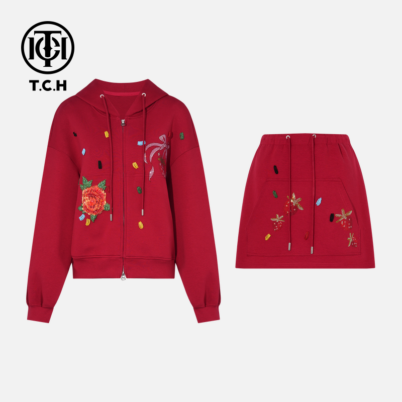TCH轻奢时尚潮牌手缝钻红色套装女装禅意仙气飘飘T75C07E1016