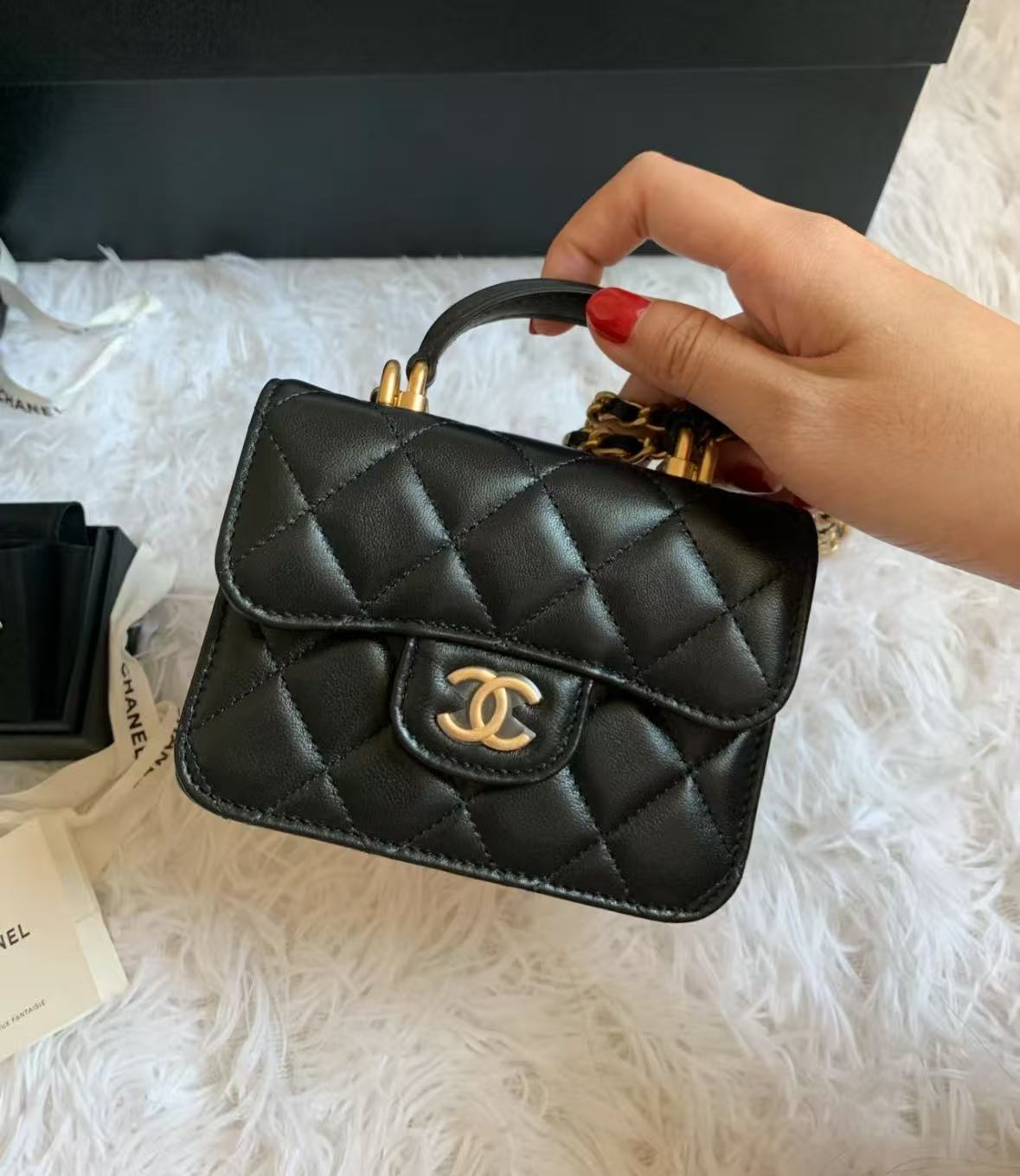 99新 Chanel/香奈儿 手柄mini小废包黑金/甄选