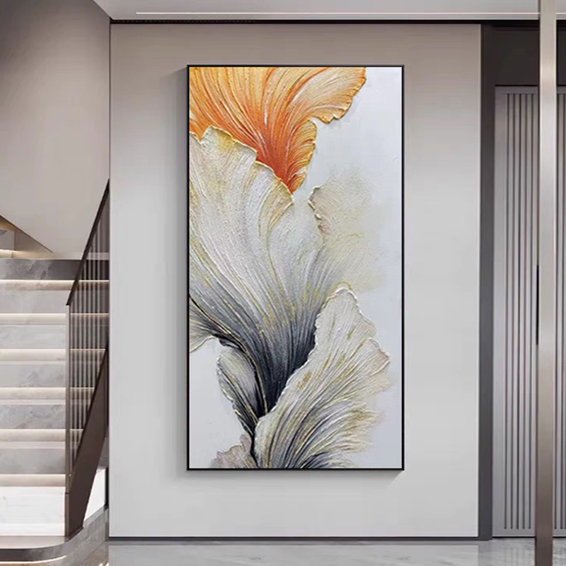 纯手绘油画银杏叶玄关装饰画走廊尽头挂画沙发肌理画挑高大幅壁画