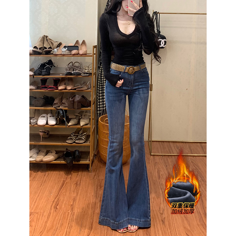新款修身长腿加绒微喇牛仔裤女2025冬季高腰显瘦时尚鱼尾喇叭裤