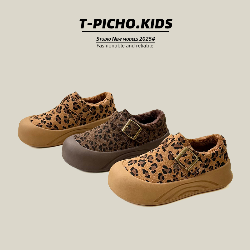 儿童豹纹鞋二棉勃肯鞋2025年冬季新款女童休闲鞋加绒男童鞋-9928