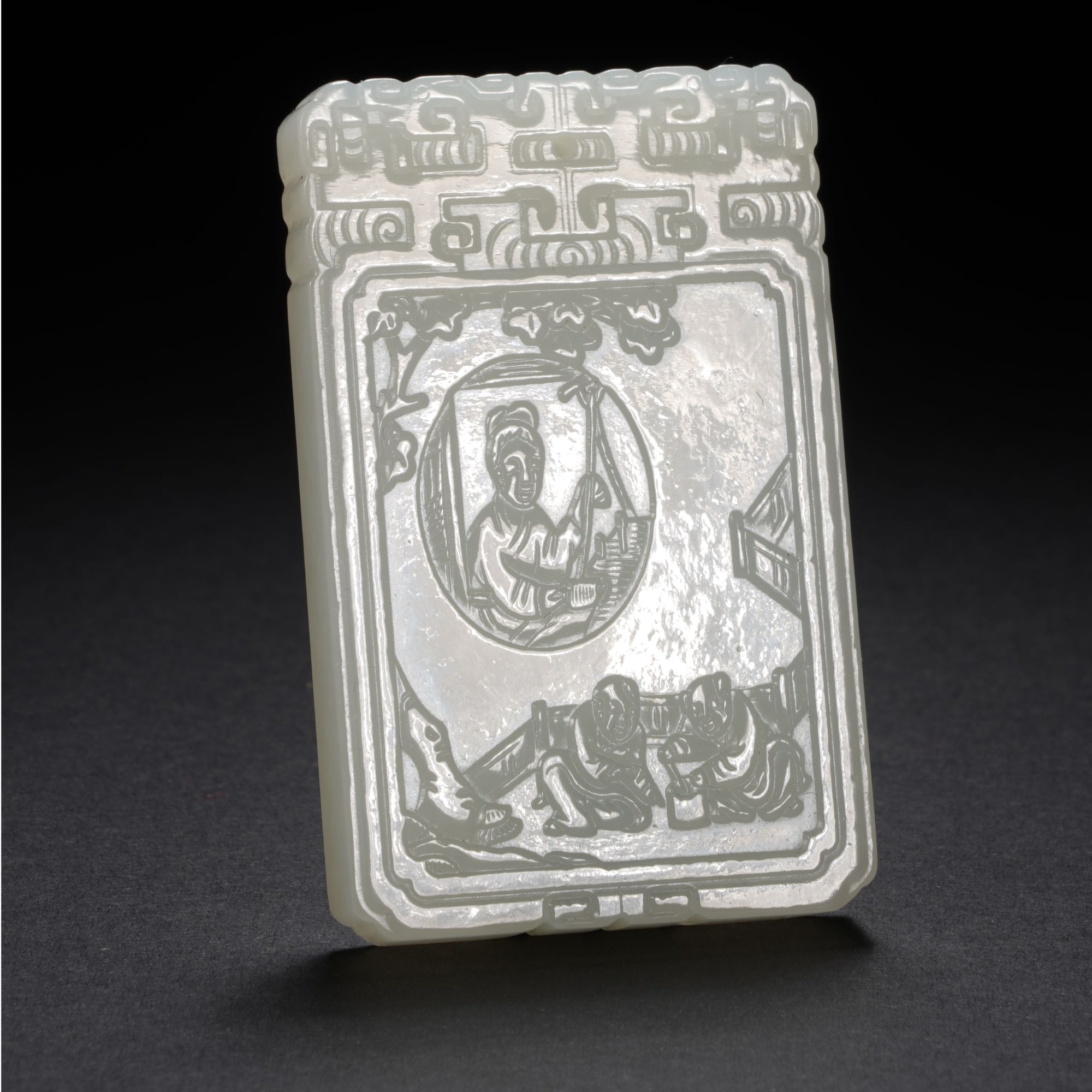 Lot48 清代 和田白玉婴戏图方牌