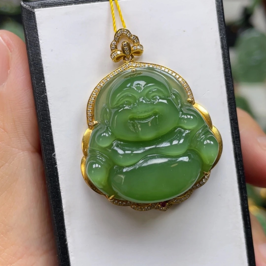 猴教授珠宝18k金纯天然和田碧玉冰底粉绿猫眼佛公吊坠裸石30mm