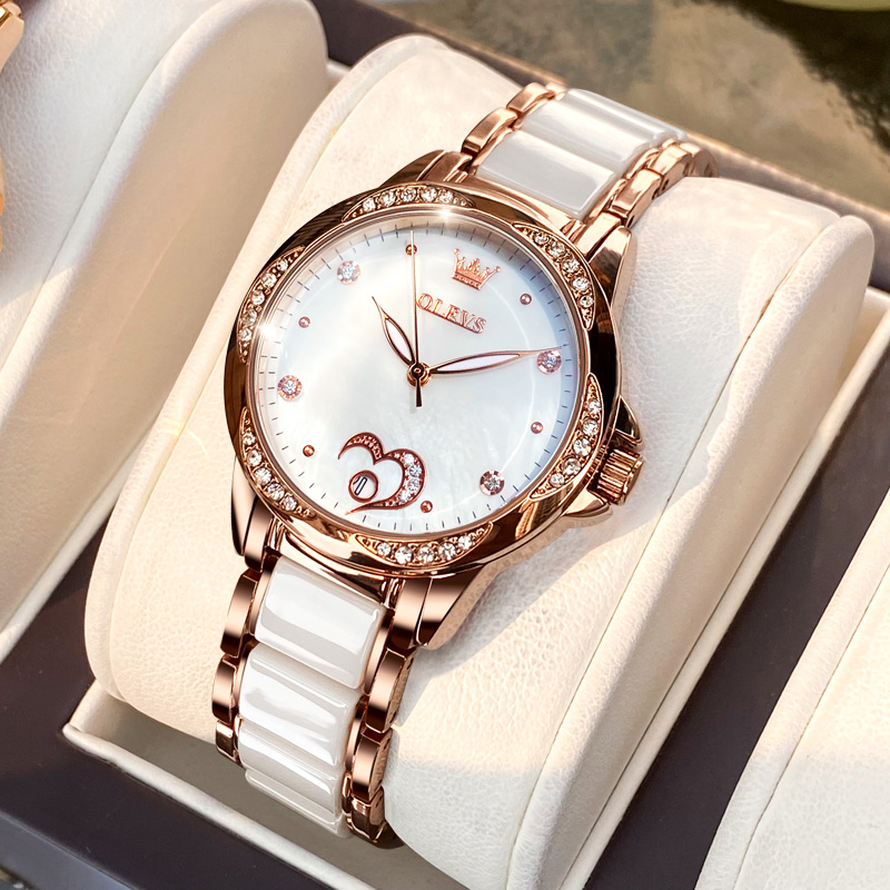 瑞士欧利时女生女款手表爱心镶钻防水陶瓷机械表全自动夜光腕表